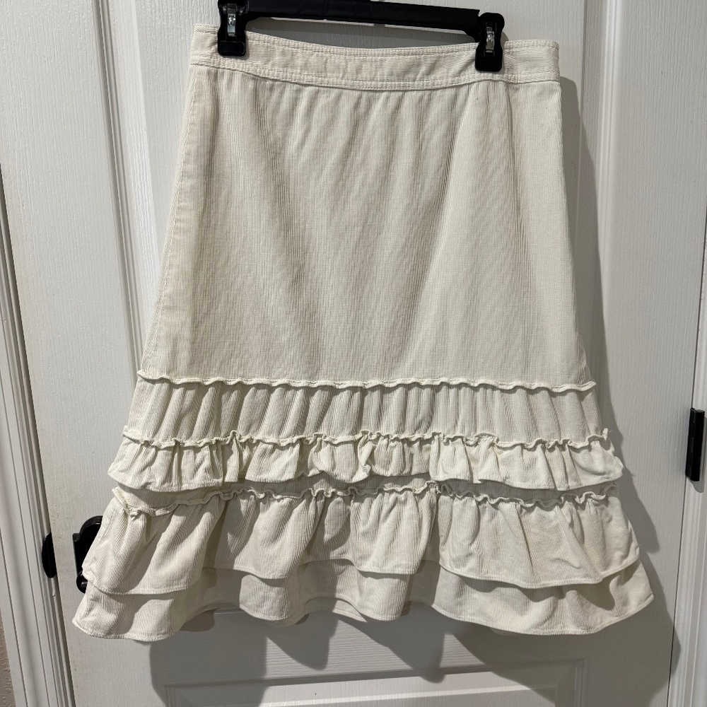 Loft White Corduroy Ruffle Midi Skirt Sz 6